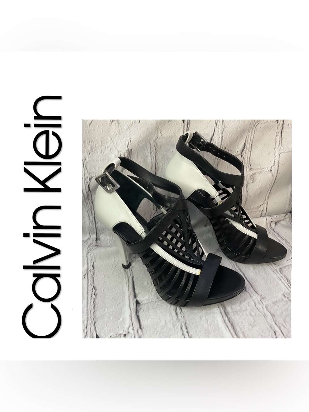 🌟🌟 Calvin Klein Black and White Strappy Cage Heel Sandals